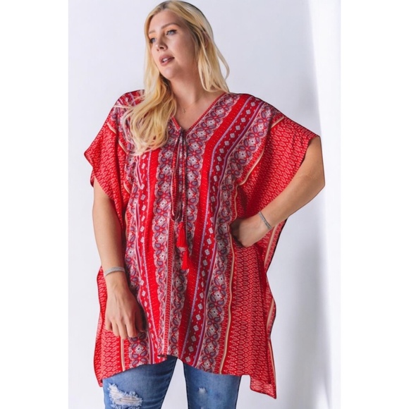 DAVI & DANI Red Boho Print V Neck Short Sleeve Tunic Top - Picture 4 of 6